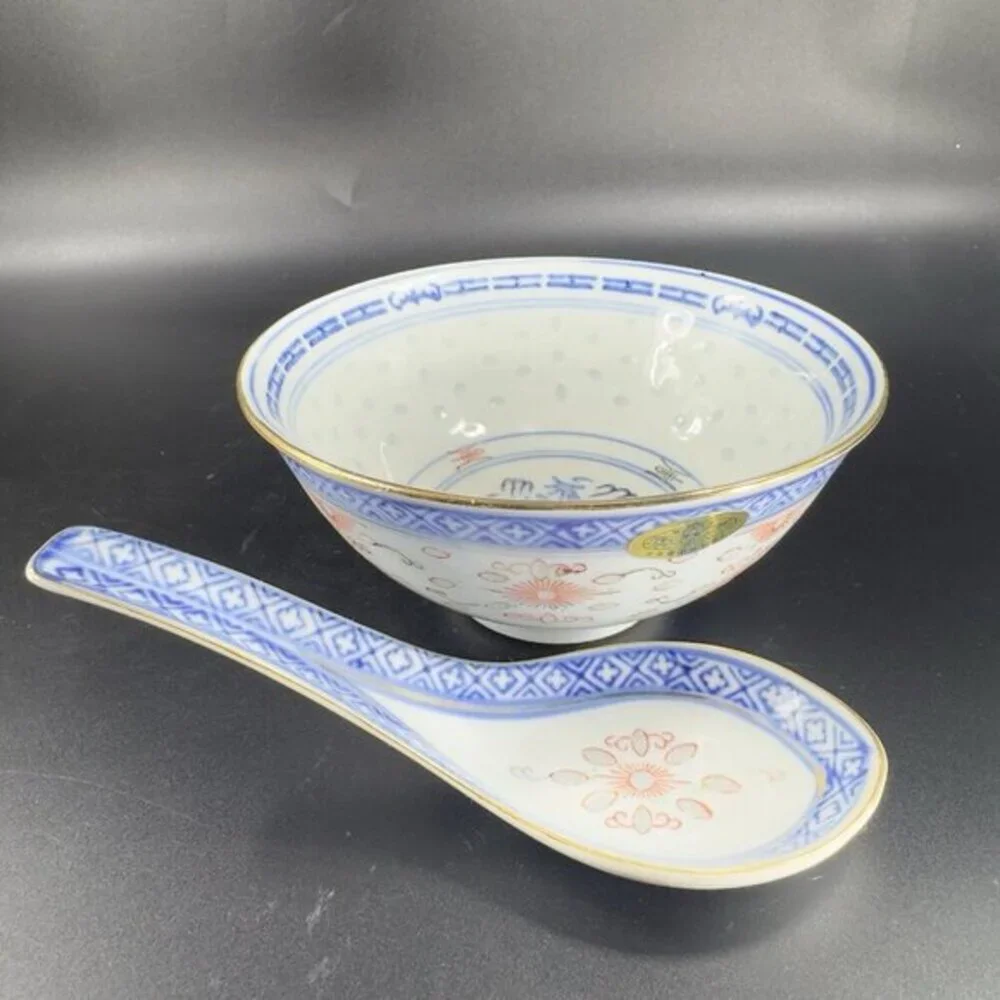 Vintage Chinese‎ Porcelain Rice Grain Bowl And Spoon Decorated Bowl With Sticker